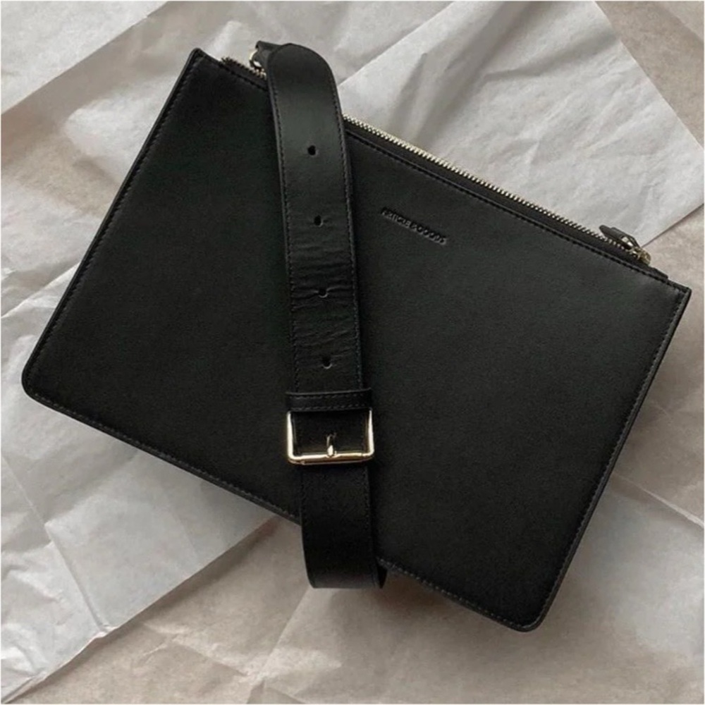 Article & Goods Accordion Crossbody Wide Strap Black Smooth Napa Leather Bag